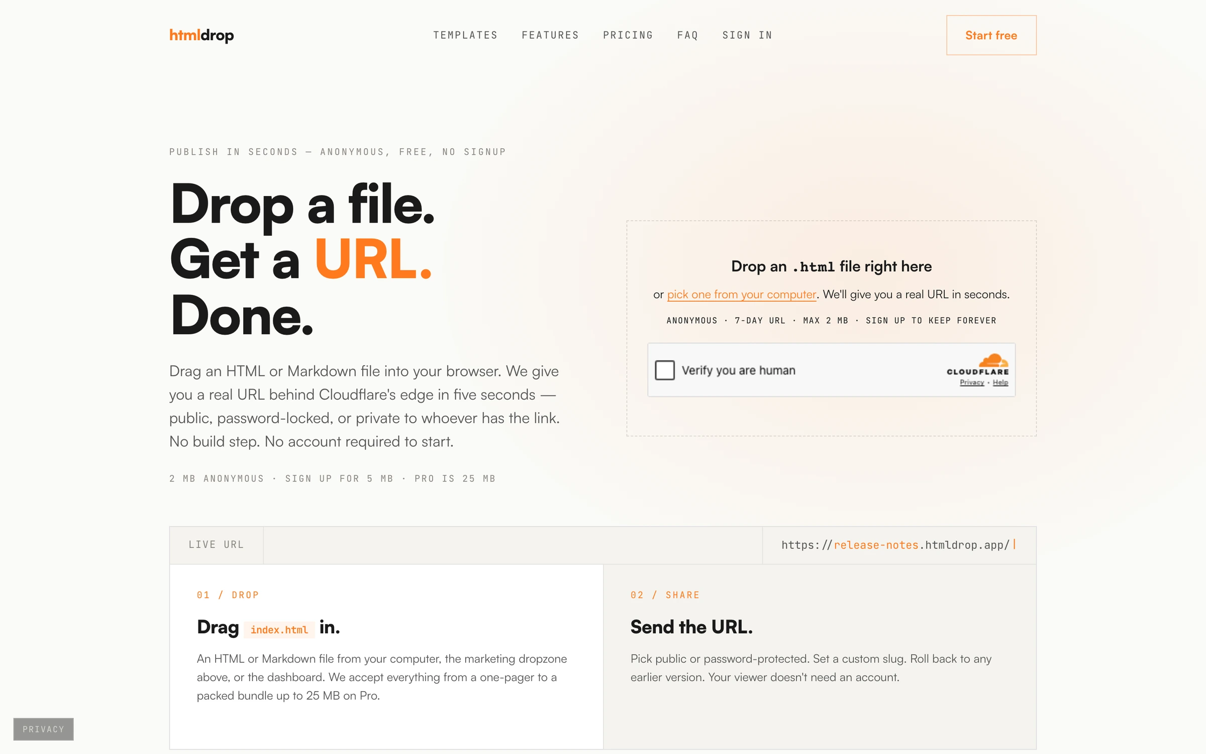 HtmlDrop — Web App · In development